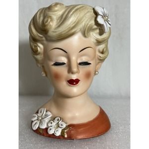 Vintage Lady Head Vase, Enesco E-2188, Blonde, Burnt Orange Top